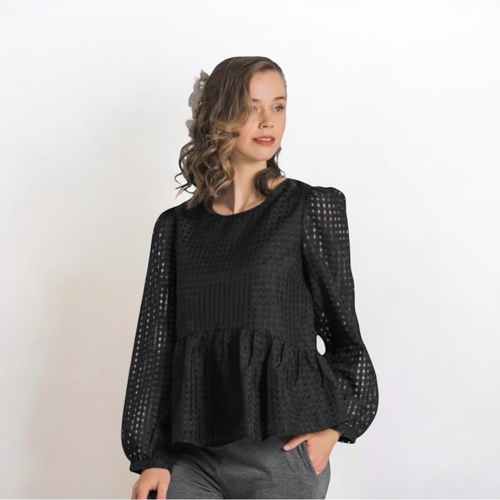 MOONLIT GAZE PEPLUM BLACK BABY DOLL BLOUSE